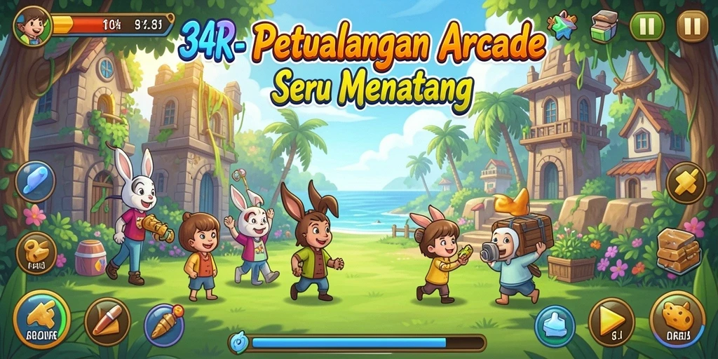 Screenshot menunjukkan gameplay seru dari 34R, penuh tantangan dan warna.