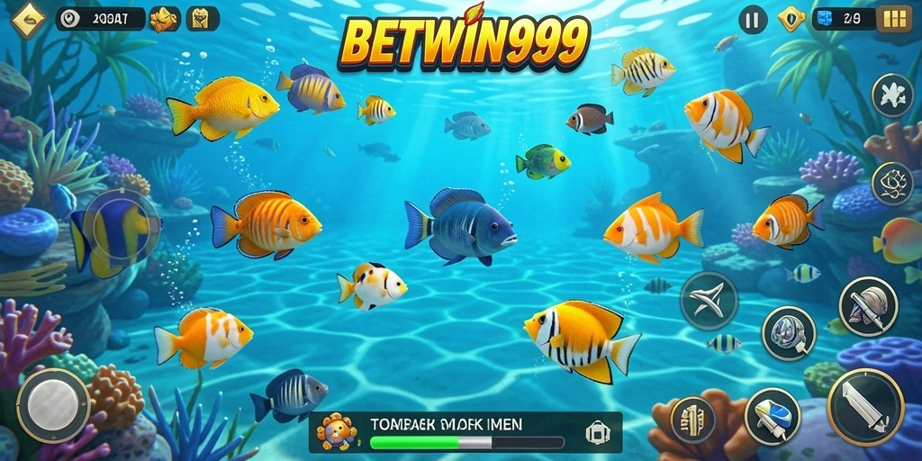 Screenshot permainan BETWIN999 menampilkan aksi menembak ikan yang seru.