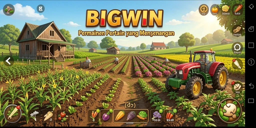Screenshot gameplay BIGWIN yang menunjukkan aktivitas bertani yang seru.