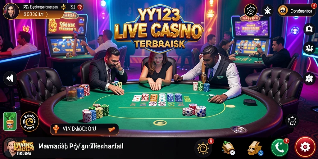 Screenshot YY123 menampilkan dealer langsung dan permainan meja interaktif.